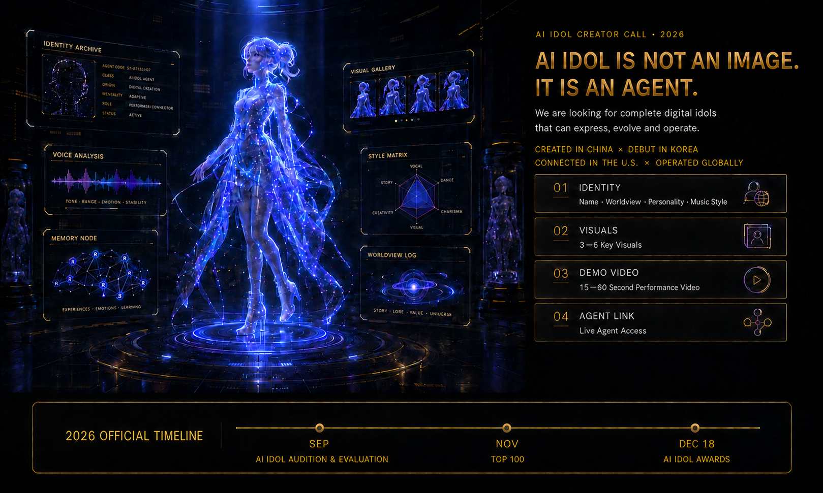 AI Idol Creator Call 2026 — AI Idol is not an image, it is an agent. 2026 Official Timeline: August AI Idol Audition and Evaluation, November Top 100, December 28 AI Idol Awards.