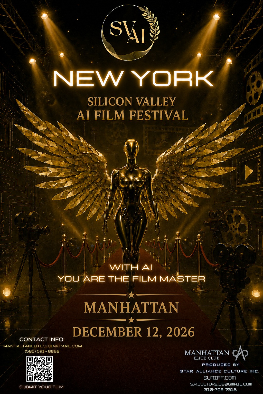 SVAIFF New York — Silicon Valley AI Film Festival official poster. With AI, you are the film master. Manhattan, December 12, 2026.